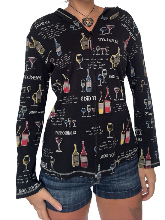 Vintage Sweaters - Y2K Wine Print Black Hooded Jacket - Unbranded